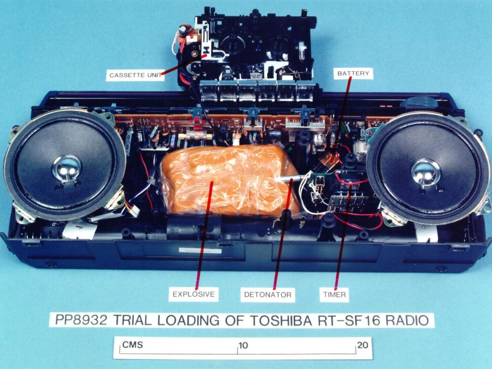 A mock-up Of the explosives-loaded Toshiba cassette recorder, which blew up Pan Am Flight 103 over Lockerbie in 1988