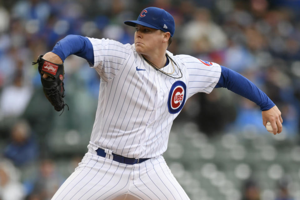 Chicago Cubs starter Justin Steele delivers a pitch during the first inning of a baseball game against the Pittsburgh Pirates, Sunday, April 24, 2022, in Chicago. (AP Photo/Paul Beaty)