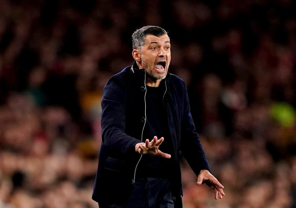 Porto manager Sergio Conceição gestures on the touchline during the Champions League round of 16, second leg soccer match between Arsenal and Porto at the Emirates Stadium, London, Tuesday March 12, 2024.