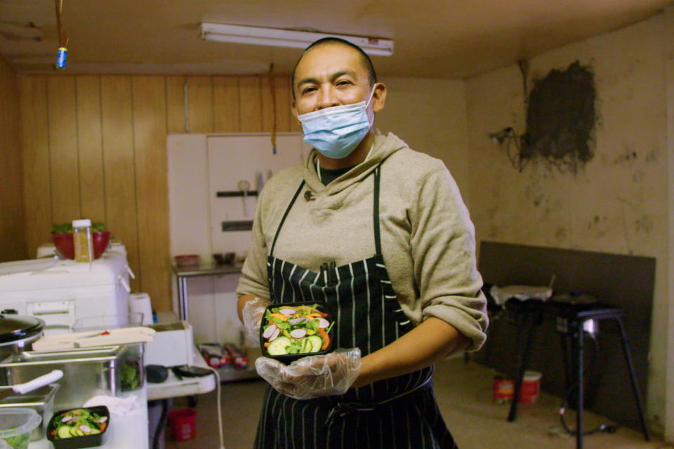 Chef Carlos Deal owns “AlterNative Eats” catering on the Navajo Nation and hopes his locally-sourced healthy kale and vegetable salads will help his Diné community on a path to food sovereignty. The United States government systematically destroyed traditional tribal food ways in the 1860s by razing whole villages, burning crops, and destroying wells. Now, Deal, who put himself through Auguste Escoffier School of Culinary Arts in Boulder, Colorado, is highlighting the benefits of traditional and farm-to-table food. (Andrew Davis / NBC News)