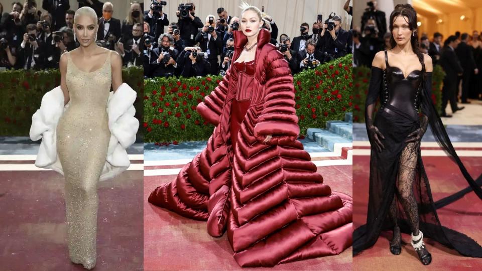 Three images of guests at the Met Gala, Kim Kardashian in a skin tight cream sequined gown, Gigi Hadid in a padded scarlet coat and dress and Bella Hadid in a black dominatrix style outfit with patterned stockings showing.