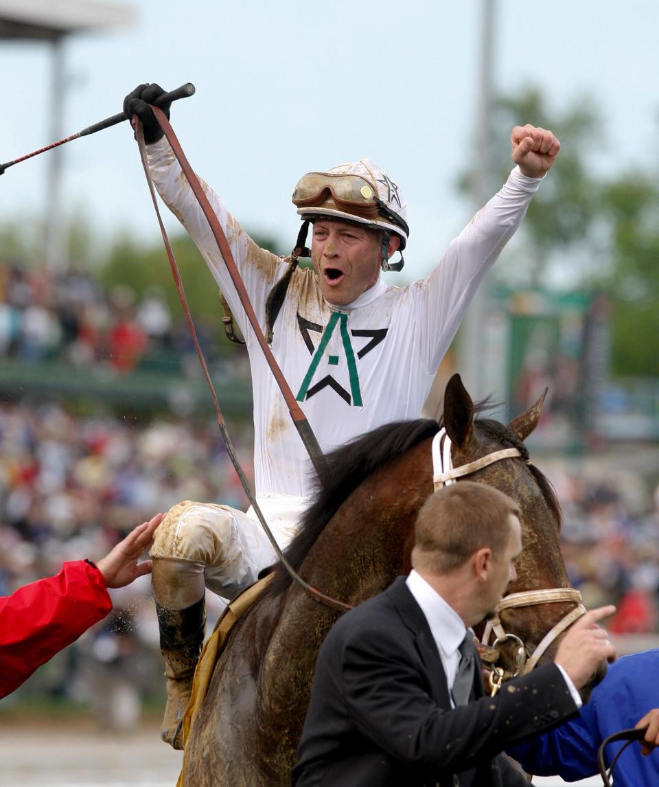 Jockey Calvin Borel reacts after her rides Super Saver to win the Kentucky Derby. 
May 1, 2010