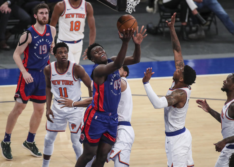 Detroit Pistons forward Sekou Doumbouya (45) drives to the basket during the first half against the New York Knicks in an NBA basketball game Thursday, March 4, 2021, in New York. (Wendell Cruz/Pool Photo via AP)