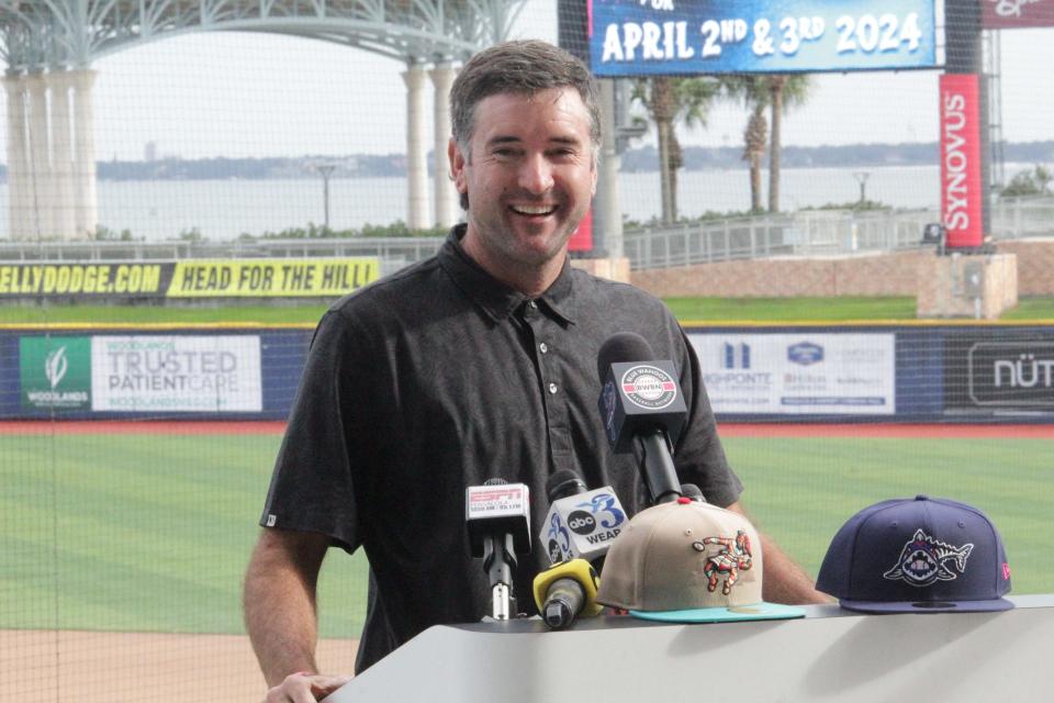 Professional golfer and Pensacola native Bubba Watson addresses the crowd at Blue Wahoos Stadium during the announcement that the team will host the Sultanes de Monterrey in April 2024. The press conference was held on Thursday, Nov. 16, 2023.
