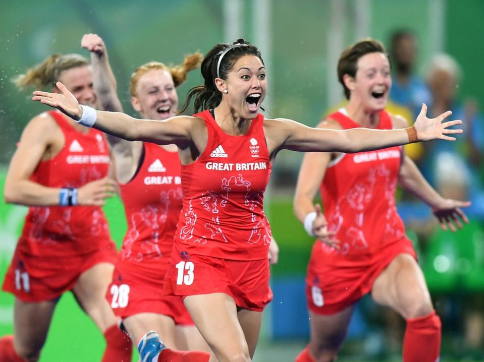 Sam Quek celebrates winning gold at the Rio Olympics (AFP via Getty Images)