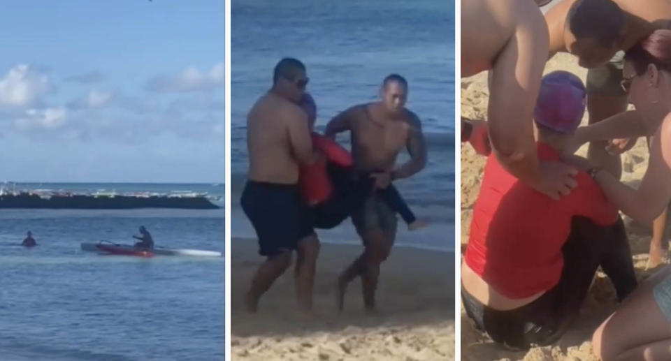 A kayaker left helps guide the swimmer back to shore, centre, two men carry her up the beach, and right, she is cared for by people on the beach.. Source: AP/KITV4/Storyful