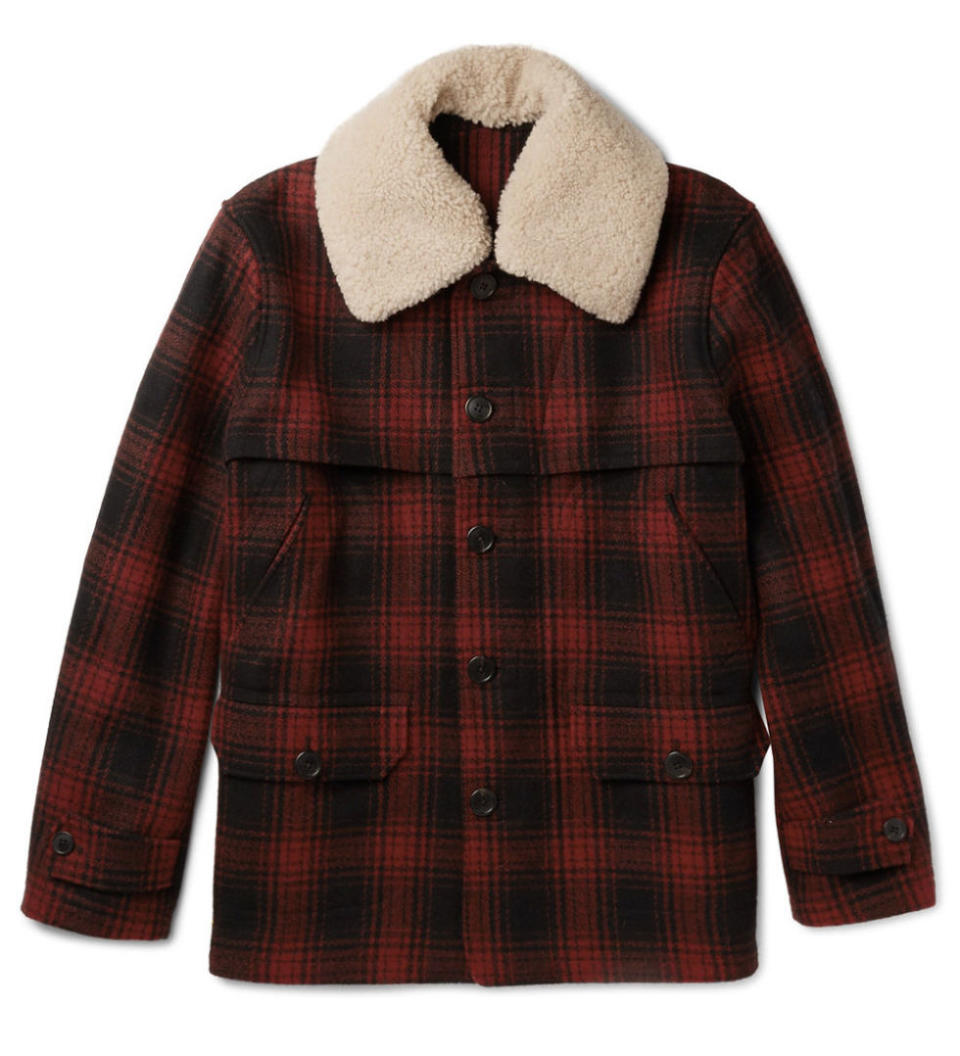 1) KENT & CURWEN: HOPKINS SHEARLING-TRIMMED CHECKED WOOL JACKET