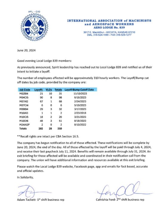 Letter to IAM Local Lodge 839 members (Courtesy IAM Local Lodge 839)