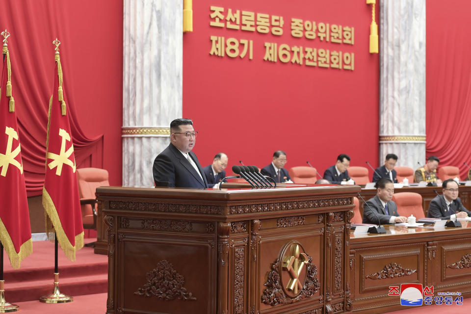 This photo provided by the North Korean government shows North Korean leader Kim Jong Un speaks during a plenary meeting of the Workers’ Party of Korea at the party headquarters in Pyongyang, North Korea, on Dec. 26, 2022. Independent journalists were not given access to cover the event depicted in this image distributed by the North Korean government. The content of this image is as provided and cannot be independently verified. Korean language watermark on image as provided by source reads: "KCNA" which is the abbreviation for Korean Central News Agency. (Korean Central News Agency/Korea News Service via AP)