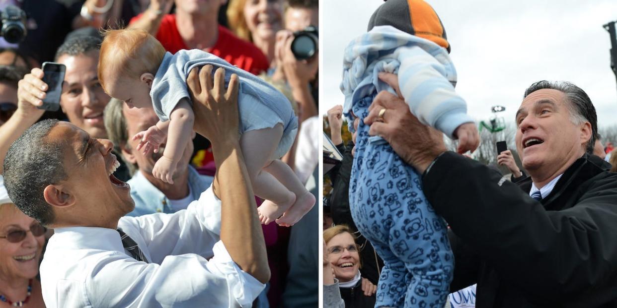 President Barack Obama and Republican presidential candidate Mitt Romney greet babies on the campaign trail in 2012.