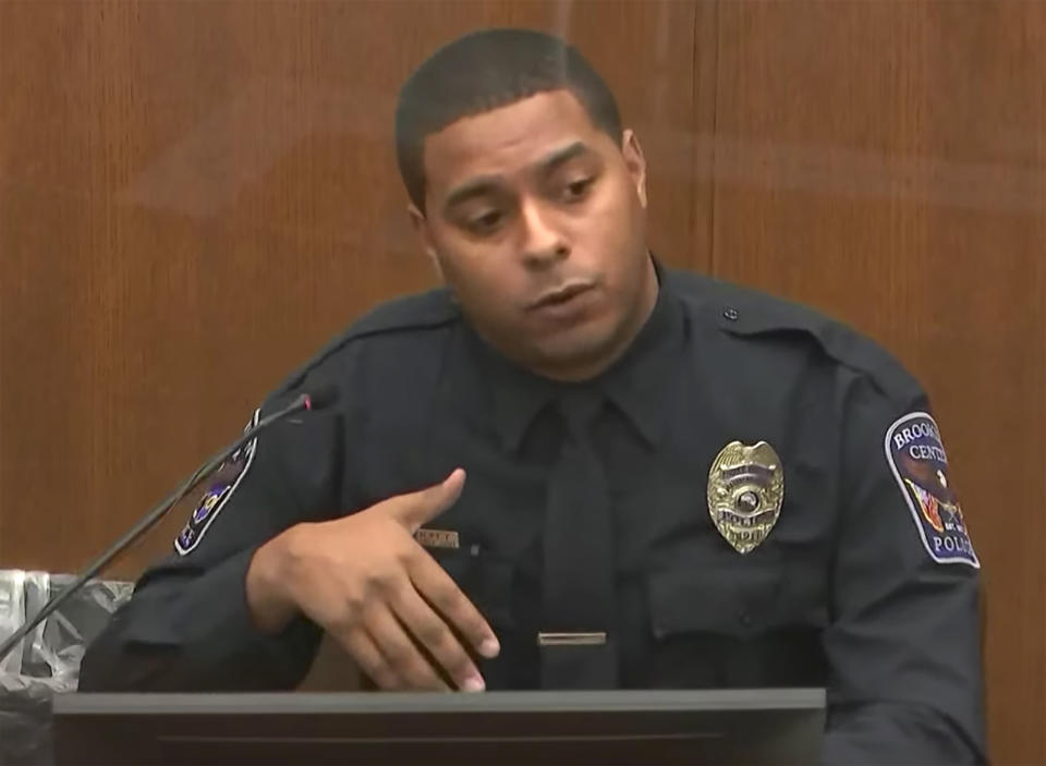 In this screen grab from video, Brooklyn Center police Officer Anthony Luckey, testifies Wednesday, Dec. 8, 2021, in the trial of former Brooklyn Center police Officer Kim Potter in the April 11, 2021, death of Daunte Wright, at the Hennepin County Courthouse in Minneapolis, Minn. (Court TV via AP, Pool)