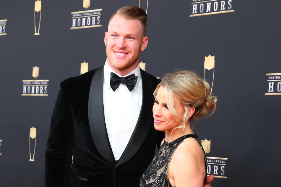 ATLANTA, GA - FEBRUARY 02:  Minnesota Vikings Kyle Rudolph and wife Jordan pose for photos on the red carpet at the NFL Honors on February 2, 2019 at the Fox Theatre in Atlanta, GA. (Photo by Rich Graessle/Icon Sportswire via Getty Images)