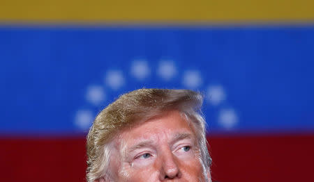 U.S. President Donald Trump speaks about the crisis in Venezuela during a visit to Florida International University in Miami, Florida, U.S., February 18, 2019. REUTERS/Kevin Lamarque