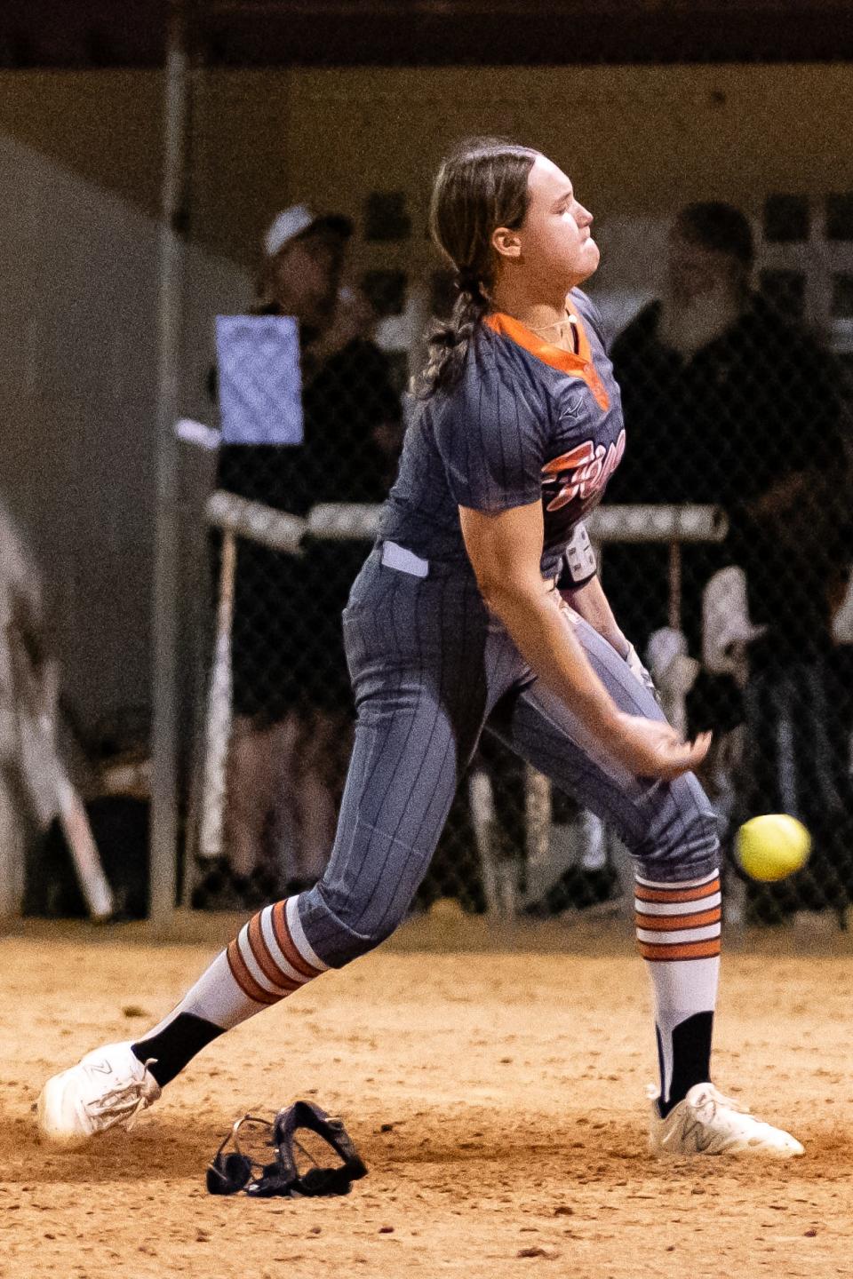 Trenton Tigers Addison Allaire (2) warms up between innings during a softball game between Gainesville High School and Trenton High School at Gainesville High School in Gainesville, FL on Thursday, March 7, 2024. [Chris Watkins/Gainesville Sun]