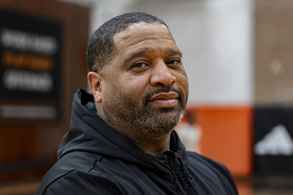 Book Richardson, director of the New York Gauchos boy's basketball program, poses for a portrait at the Gaucho Gym, Monday, March 11, 2024, in the Bronx borough of New York. (AP Photo/Peter K. Afriyie)