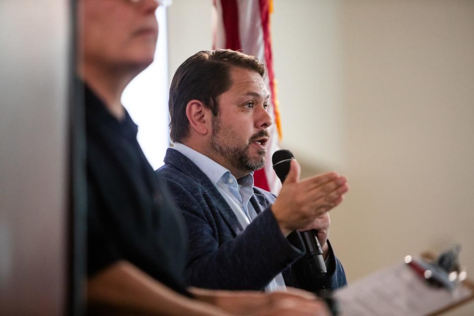 Rep. Ruben Gallego speaks during his town hall at the Rio Vista Recreation Center in Peoria on June 26, 2023.