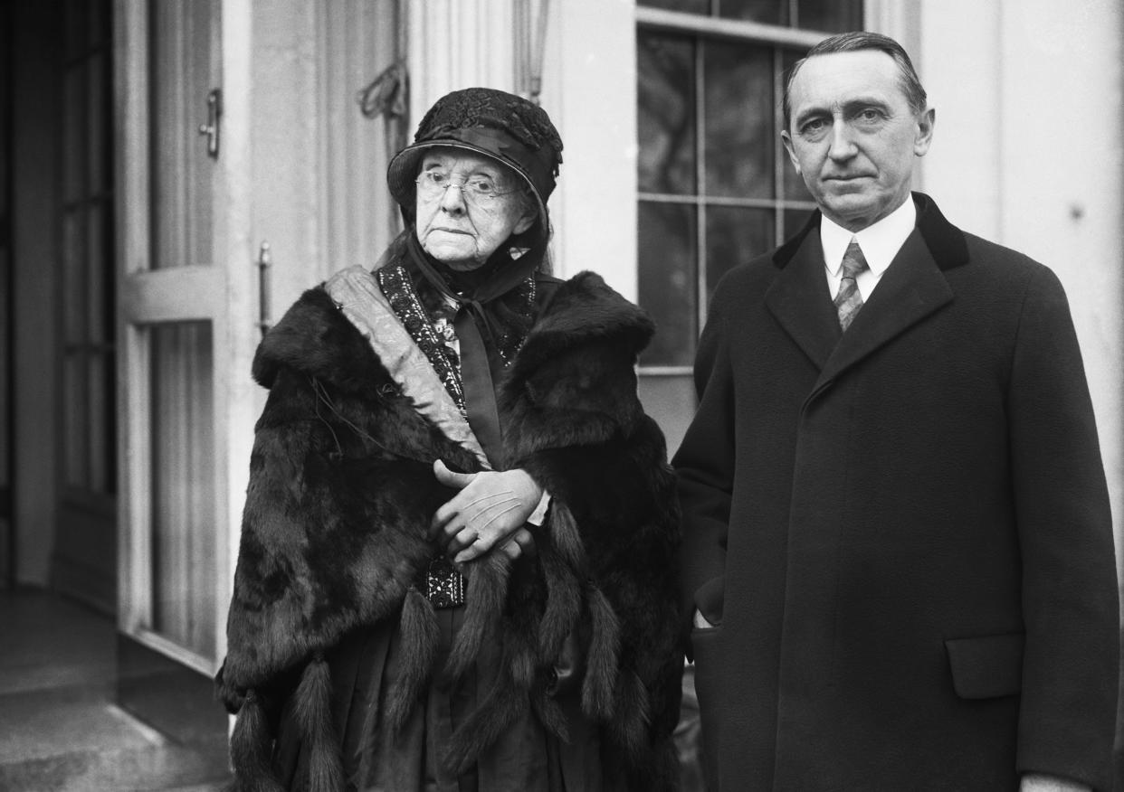 Sen. Rebecca Felton, first woman senator. (man on the right not identified) March 30, 1926. Washington. DC. In 1922 in a symbolic gesture by Georgia Governor Thomas Hardwick, Mrs Felton was appointed to fill the US Senate seat left vacant by the death of Senator Watson. She served only two days, Nov 21,22 1922.