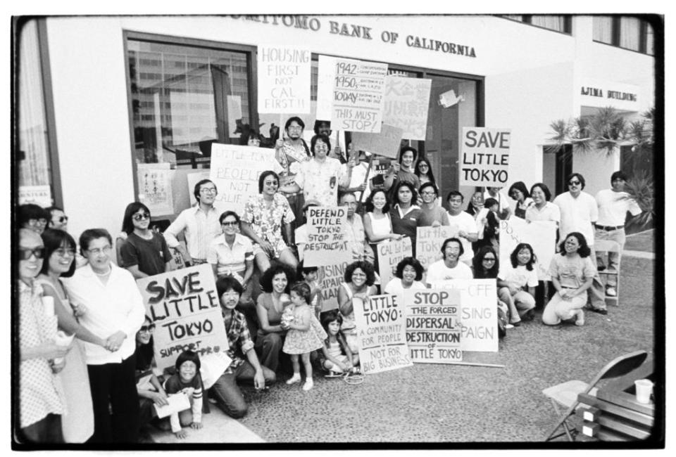 A group of activists gather to oppose the redevelopment and the displacement of residents of Little Tokyo in Los Angeles. Date unknown.