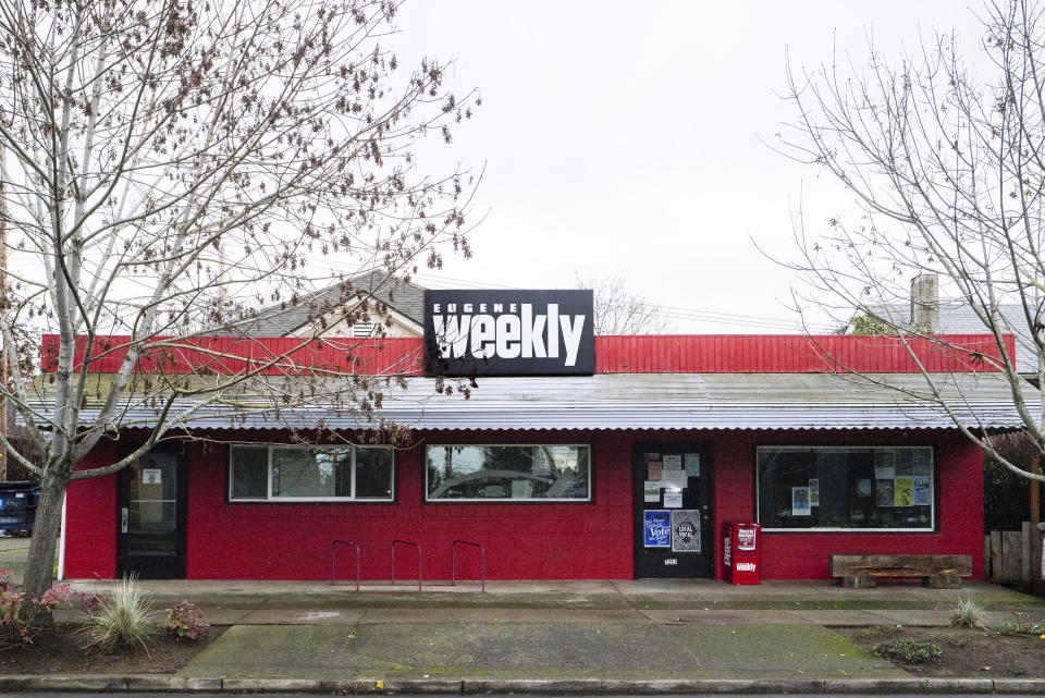 The red office building of the Eugene Weekly sits in Eugene, Ore., on Friday, Dec. 29, 2023. The weekly newspaper had to lay off its entire staff three days before Christmas and halt print because its funds were embezzled by a former employee, its editor said. The Eugene police are investigating and the paper's owners have hired forensic accountants to piece together what happened. (Todd Cooper via AP)