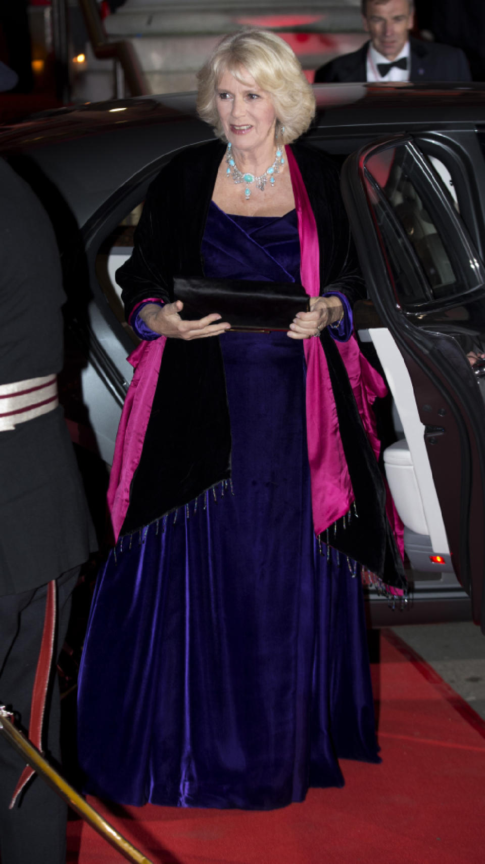 Queen Camilla in a blue velvet gown