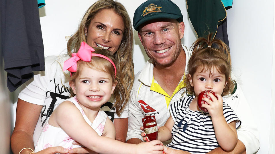 David Warner, pictured here with wife Candice and daughters Ivy and Indi in 2017.