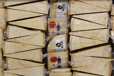 FILE PHOTO: Packages of Parmesan cheese are seen at 4 Madonne Caseificio dell'Emilia dairy cooperative in Modena