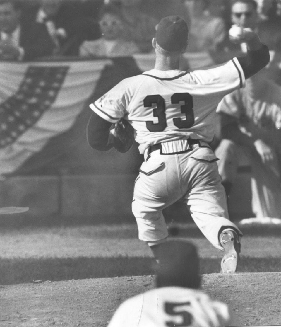 Lew Burdette throws a pitch during the 1957 World Series at County Stadium in Milwaukee.