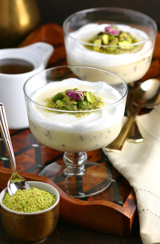 <p>Lands and Flavors</p><p>A very popular dessert throughout the Middle East, this Lebanese Semolina Pudding (Layali Lubnan) includes sweet-tart cranberries, thick coconut cream, ground pistachios and a floral-scented syrup. This vegan recipe can be whipped up quickly, then it chills in the fridge until you are ready to dig in.</p><p><strong>Get the recipe: <a href="http://www.landsandflavors.com/lebanese-semolina-pudding-layali-lubnan/" rel="nofollow noopener" target="_blank" data-ylk="slk:Lebanese Semolina Pudding;elm:context_link;itc:0;sec:content-canvas" class="link ">Lebanese Semolina Pudding</a></strong></p>