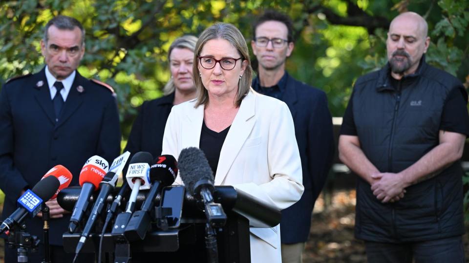 Victorian Premier Jacinta Allan speaks outside state parliament