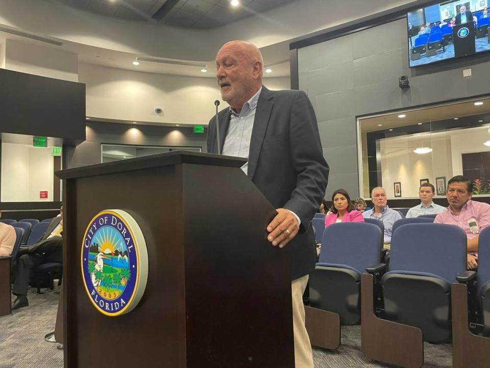 Ed Russo, a representative of former President Donald Trump, speaks to the Doral City Council on Wednesday, Dec. 7, 2022, about Trump’s offer to surrender development rights for his Doral resort’s Blue Monster golf course. The council accepted the conservation easement.