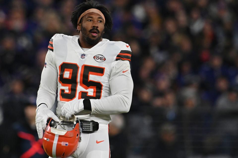 Cleveland Browns defensive end Myles Garrett looks across the field during the first half of the Nov. 28 game against the Baltimore Ravens at M&T Bank Stadium.