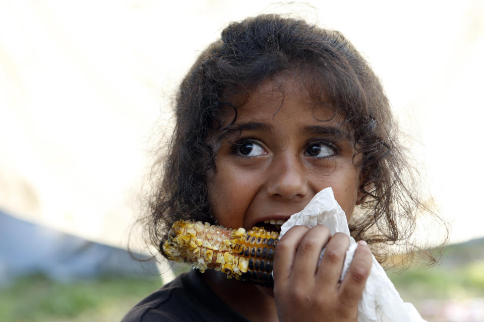 In this photo taken on Monday, Aug. 13, 2018,, a migrant child eats corn in a makeshift migrant camp in Velika Kladusa, 500 kms northwest of Sarajevo, Bosnia. Impoverished Bosnia must race against time to secure proper shelters for at least 4,000 migrants and refugees expected to be stranded in its territory during coming winter. The migrant trail shifted toward Bosnia as other migration routes to Western Europe from the Balkans were closed off over the past year. (AP Photo/Amel Emric)