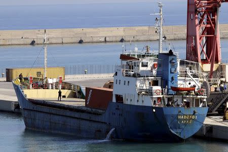 The "Haddad 1" freighter is moored at the port of Heraklion following an operation of the Greek coast guard on the island of Crete, September 2, 2015. REUTERS/Stefanos Rapanis