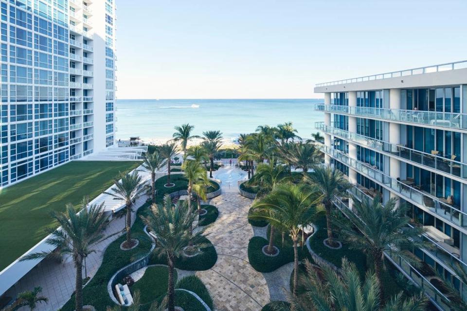 A view toward the Atlantic through the Carillon towers at Carillon Miami Wellness Resort in Miami Beach