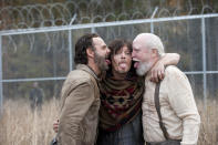 <p>Andy Lincoln and Norman Reedus give a Reedus-type salute with fan and cast favorite Scott Wilson on the prison set.<br><br>(Photo: AMC) </p>