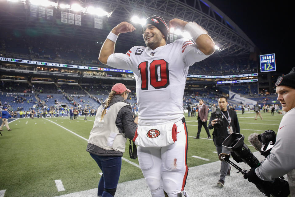 Jimmy Garoppolo is no longer a 49er, but his run with them was pretty fruitful by NFL in-season trade standards. (Photo by Otto Greule Jr/Getty Images)