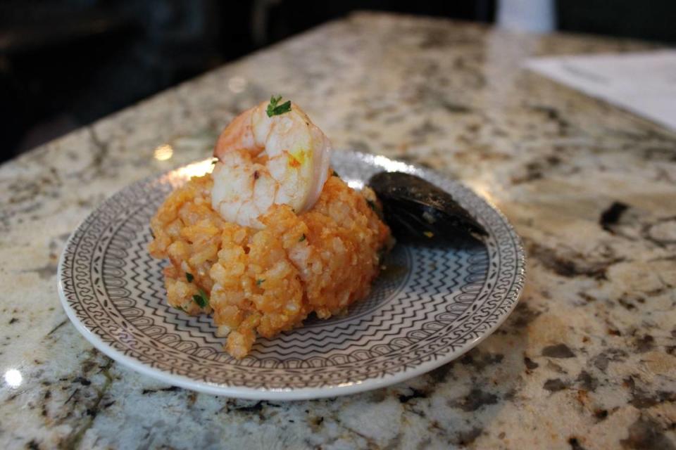 The Seafood Paella, a Spanish dish, with mussels and shrimp giving heft to the flavorful rice.