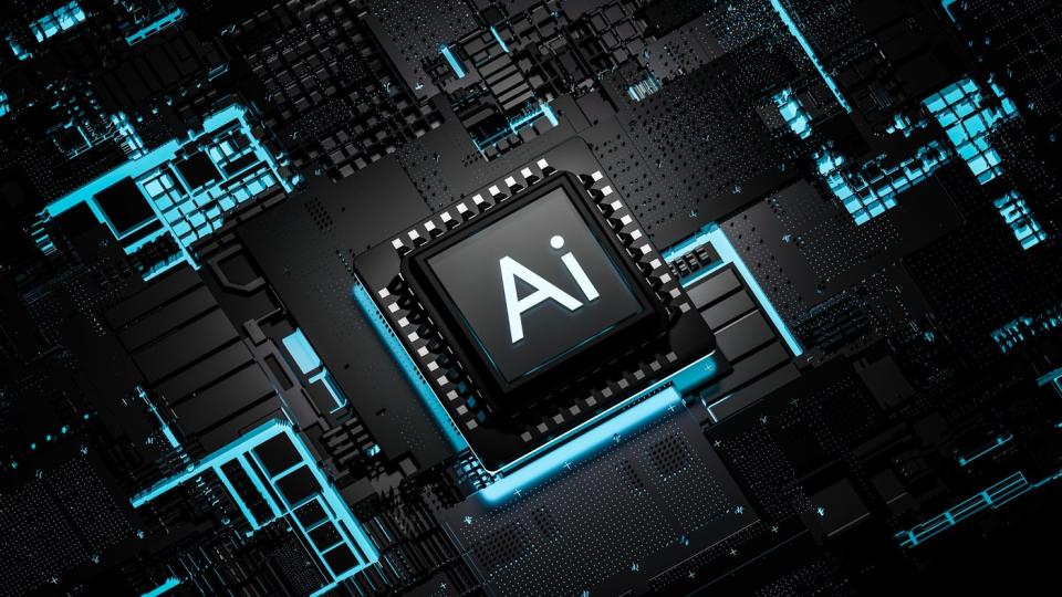 A digital rendering of a circuit board with a chip in the center, inscribed with the letters AI.