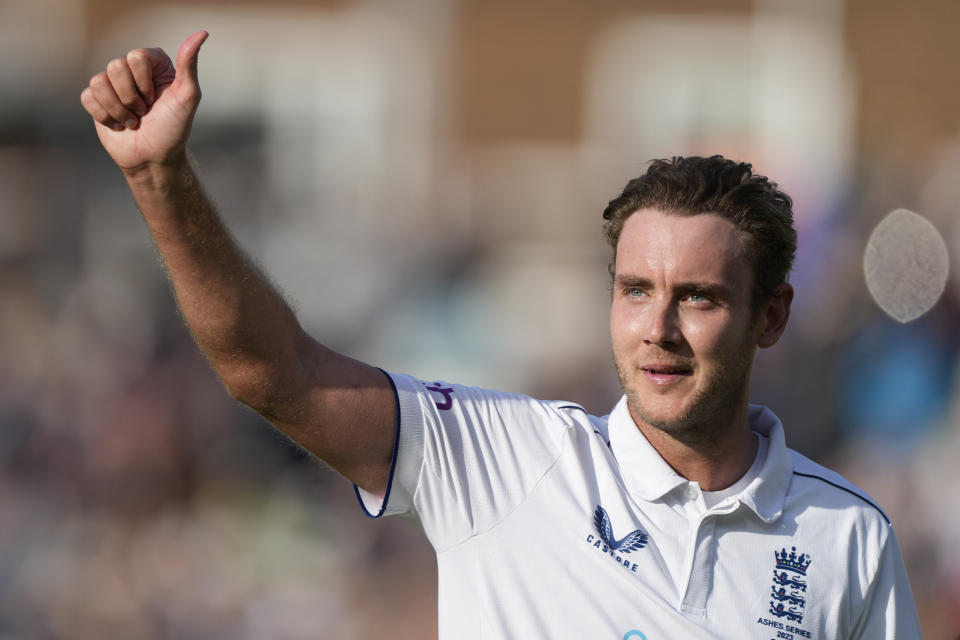 England's Stuart Broad celebrates bowling out Australia on day five of the fifth Ashes Test match between England and Australia, at The Oval cricket ground in London, Monday, July 31, 2023. (AP Photo/Kirsty Wigglesworth)