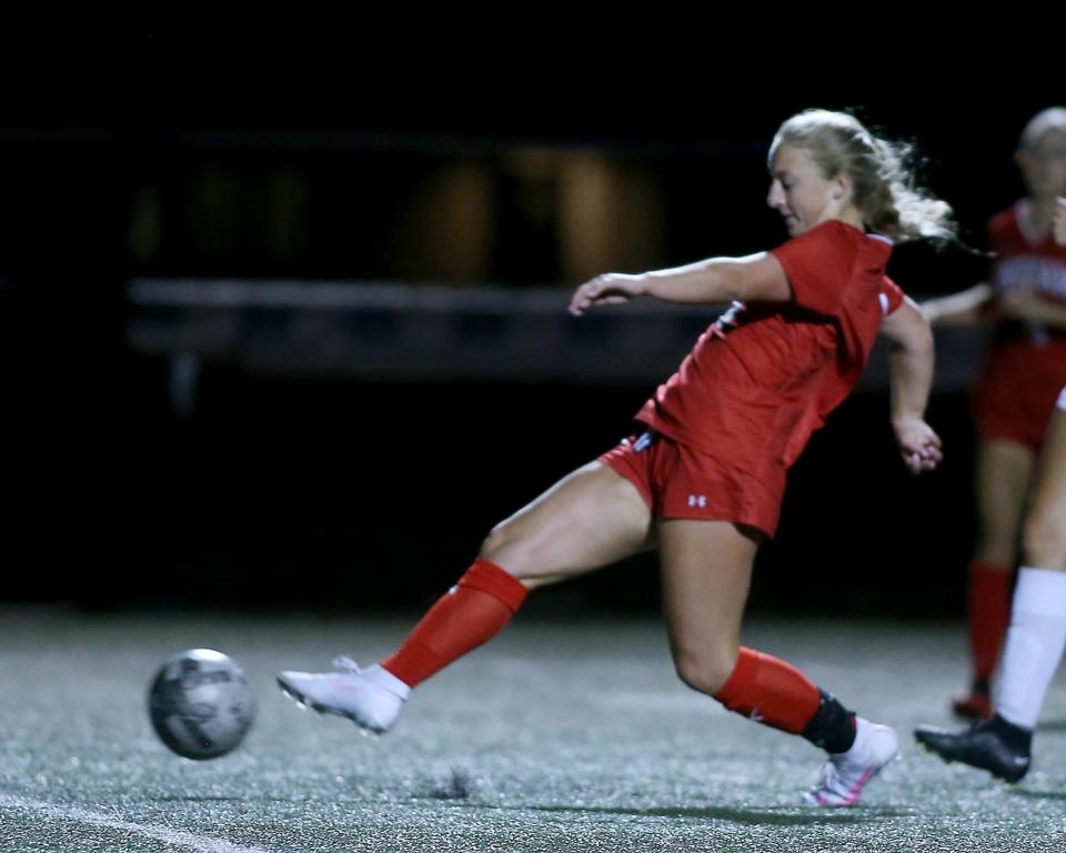 Hingham's Sophie Reale finds the back of the net to give Hingham the 2-0 lead over Whitman-Hanson during second half action of their game against Whitman-Hanson at Hingham High on Tuesday, Sept. 27, 2022. 