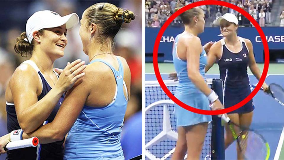 Ash Barty (pictured left) embracing Shelby Rogers at the net and Barty (pictured right) sharing a laugh with her opponent.