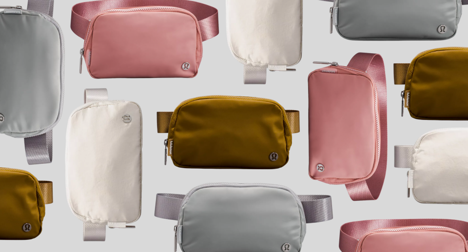 collage of Lululemon&#39;s Everywhere Belt Bag in pink, white, grey and gold 