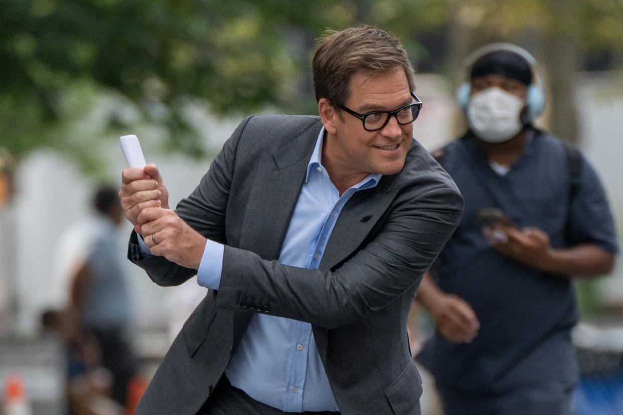 Director and actor Michael Weatherly was seen goofing around on the set of "Bull" near Borough Hall in Brooklyn on Thursday, July 29, 2021.