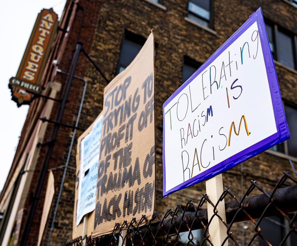 People protest against the selling of racist items at Antiques on Pierce on Saturday March 4, 2023 in Milwaukee, Wis.