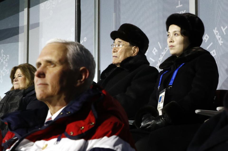 United States Vice President Mike Pence (front left) was seated in front of North Korea’s head of state Kim Yong Nam and Kim Jong Un’s sister, Kim Yo Jong, at the 2018 Olympic Opening Ceremony. (Getty)