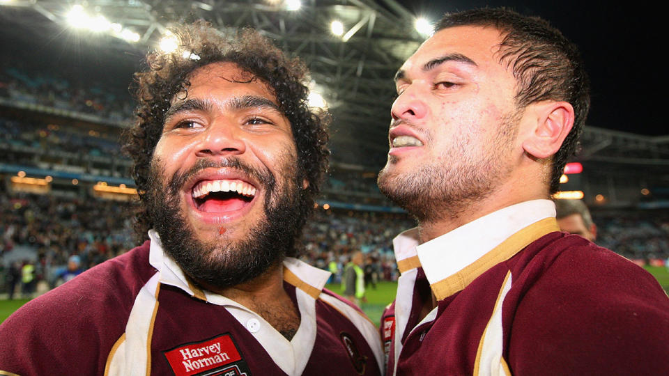 Former teammates Sam Thaiday and Karmichael Hunt are seen here after an Origin game in 2009.