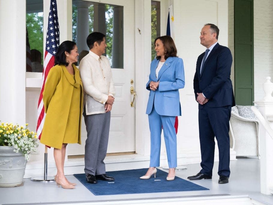 Kamala Harris and Doug Emhoff greet the president and first lady of the Philippines at the vice president's official residence.