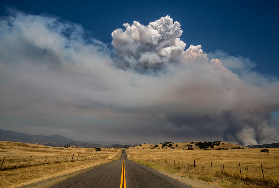 <p>Flames and billowing afternoon smoke, caused by the officially named Whittier Fire burning in the coastal mountains, create an eerie scene along Armour Ranch Road on July 8, 2017, near Santa Ynez, California. (George Rose/Getty Images) </p>