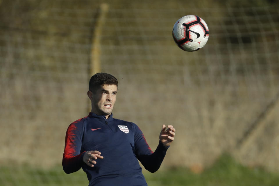 United States national soccer team player Christian Pulisic takes part in their national soccer squad training session at the training facilities of Brentford Football Club in west London, Monday, Nov. 12, 2018. The United States play England in an international friendly soccer match at Wembley stadium in London on Thursday. (AP Photo/Matt Dunham)