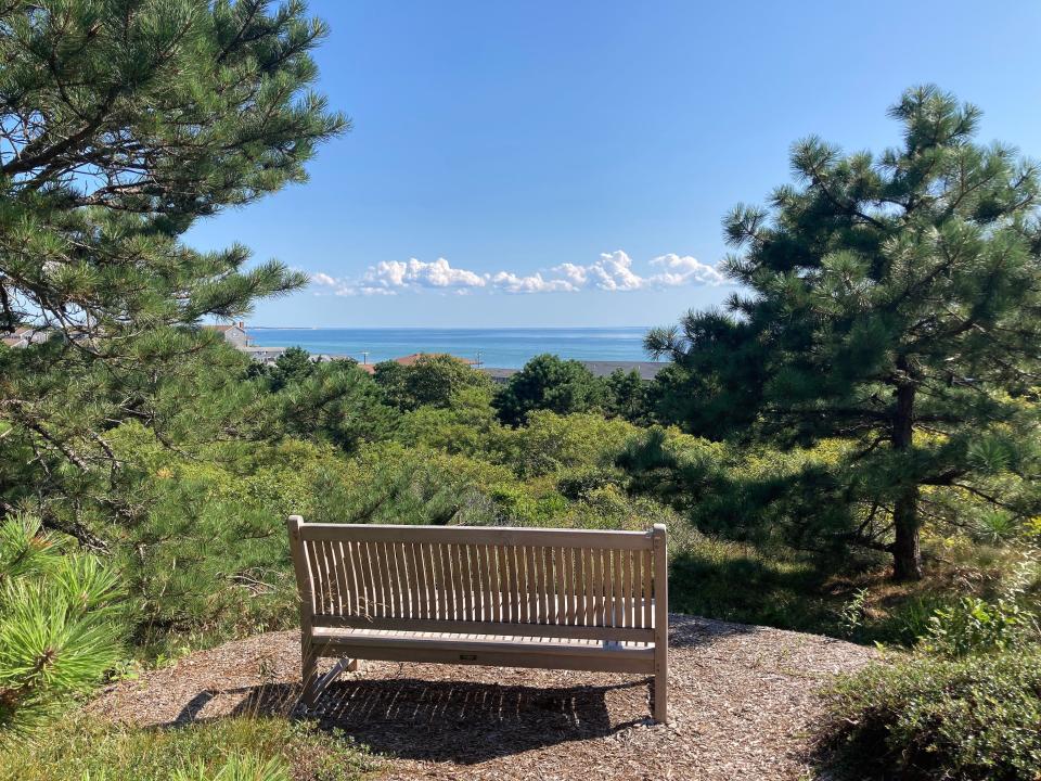 An awesome bench anchors a Cape Cod Bay vista at the High Head Conservation Area in North Truro.